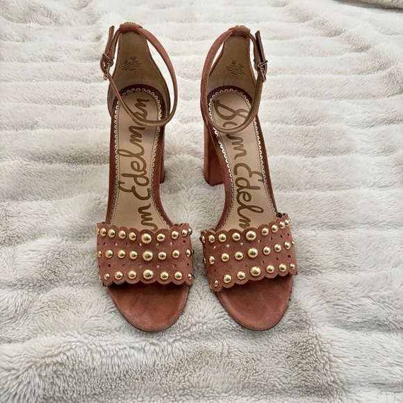 Sam Edelman Suede Leather Studded Open Toe Chunky Heels Size 8 - Picture 2 of 16